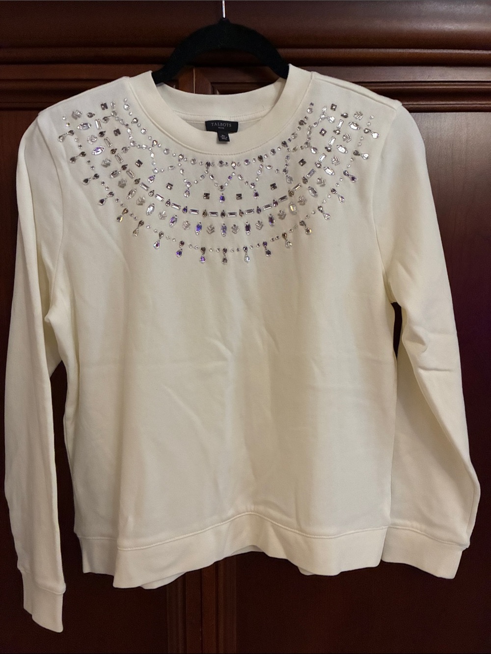 Talbots Ivory Crewneck Sweatshirt with Jeweled Neckline